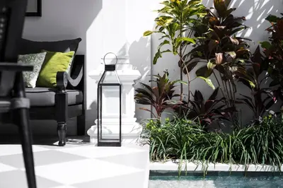 a living room with a black chair and plants at Martini Beachside Villa 1 in Canggu