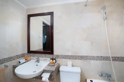 a bathroom with a sink and a mirror and a toilet at Beach Apartment inside Resort Walking Distance to the beach in Seminyak