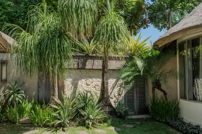 a house with palm trees in the yard at The Tirta Naga Villas in Seminyak