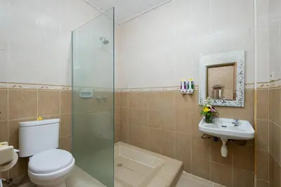 a bathroom with a shower and a toilet and a sink at Lumbung Sari Hotel Legian in Legian