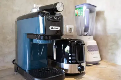 a coffee maker sitting on top of a counter at Villa Aniri - Seminyak Villa - Walk to Beach & Cafés in Seminyak