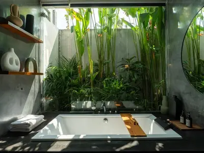 a bath tub in a bathroom with plants at Villa Naura Umalas in Dalung