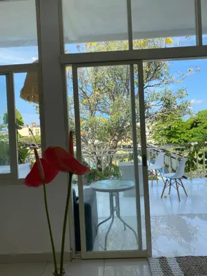 a flower in a vase next to a glass door at Capricorn Villa in Seminyak