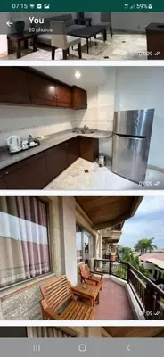 two pictures of a house with a bench and a balcony at Two bedroom suite Apartment, Jayakarta,Legian, Unit 6420, block A ,4th floor in Seminyak