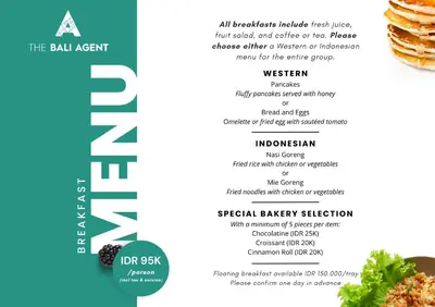 a menu for the ball agent at Villa Ace - Modern 2BR Villa in Seminyak with Spacious Bedrooms, Bathtub & Private Pool in Seminyak