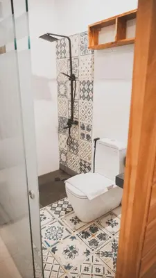a bathroom with a toilet and a shower at Budha Manis Villa in Kerobokan