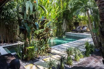 a swimming pool in a garden with palm trees at Villa Cantik in Canggu