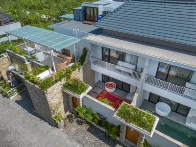 an overhead view of a house with a roof at Sayang Villa Bali in Kerobokan
