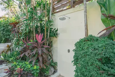 a white door in a room with many plants at Villa Marula at Bidadari in Seminyak