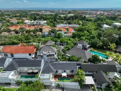 an aerial view of a neighborhood with houses at Blanc Mediterranean: 3BR in Central Canggu in Canggu