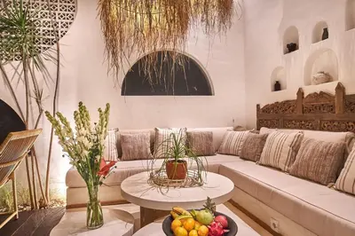 a living room with a couch and a table with fruit at Gorgeous Mediterranean Style 2 Bed, Top Pick! in Canggu