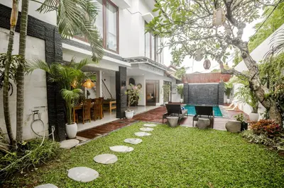 a backyard with a pool and a house at Villa Miamara by Bali Villa Solutions in Seminyak