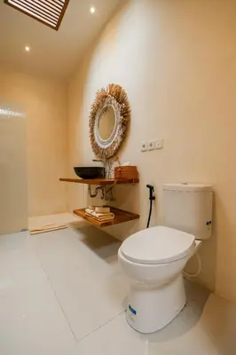 a bathroom with a toilet and a mirror at Villa Nana by Pertama Management in Seminyak
