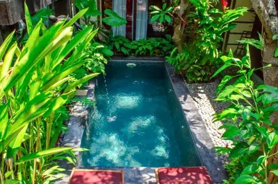 a swimming pool in the middle of a garden at Catra 3 BR Private Pool Villa in Seminyak