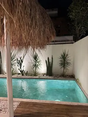a swimming pool with a cactus and an umbrella at Sofira Villa 2 bedroom in Nusa Dua