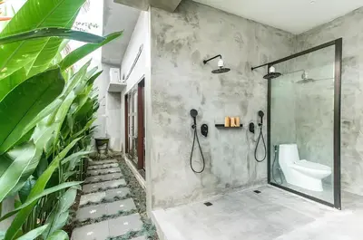 a bathroom with a shower and a toilet at Villa GrandLux Bali 2 Bed Villa Pool Big Garden in Seminyak