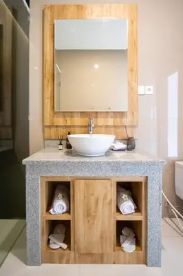 a bathroom with a sink and a mirror at Sundaze 1 - Private Vila in Canggu with Huge Pool in Kerobokan
