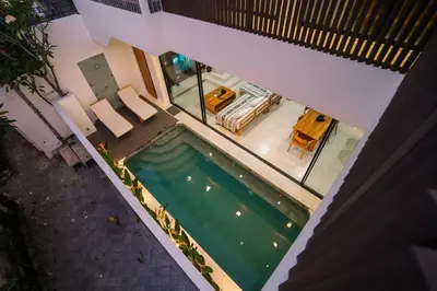 an overhead view of a swimming pool in a house at Pradha Kuta, 3 BDR, 3 minutes from seminyak beach in Seminyak