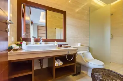 a bathroom with a sink and a toilet and a mirror at Luxury 3 BR Private Pool Villa in Seminyak