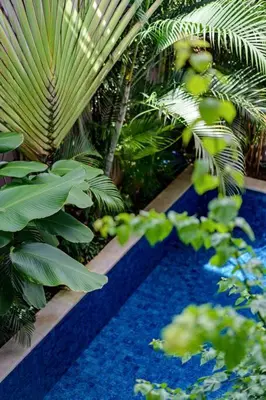 a garden with palm trees and a blue pool at Stylish 1 Bd Pvt Apartment w shared kitchen and pool in Seminyak