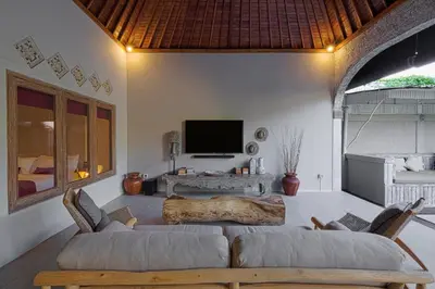a living room with two couches and a tv at VILLA LA FELICITA in Seminyak