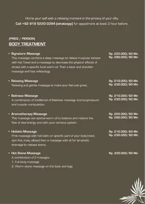 a page of a menu for a restaurant at Villa Wamwui by DreamAwayBali in Seminyak