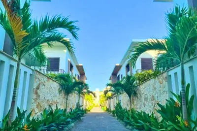 a street between two buildings with palm trees at Adaline 2 BR Apartment in Jimbaran