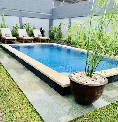 a swimming pool with a potted plant and chairs at Villa VALARI - Seminyak Legian - 5 Bedrooms in Seminyak