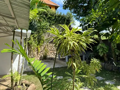 a garden with many plants and a building at Cottage House Jimbaran in Jimbaran