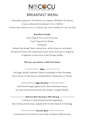 a screenshot of a menu for a breakfast menu at Nococu Luxury Villa in Seminyak