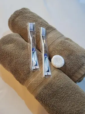 two toothbrushes sitting on top of a towel at 9 Residences Seminyak in Seminyak
