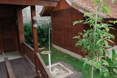 a porch of a house with a plant next to it at The Riang Villa in Kerobokan