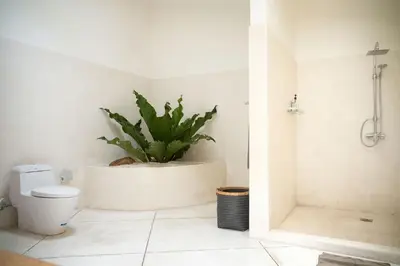 a bathroom with a toilet and a potted plant at Tropical 3bdr poolvilla in heart of Seminyak in Seminyak