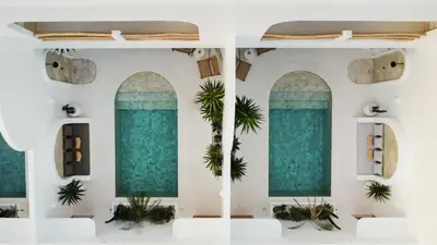 a room with turquoise water and palm trees at Villa Casa Gaia 4 by BaliSuperHost in Kerobokan
