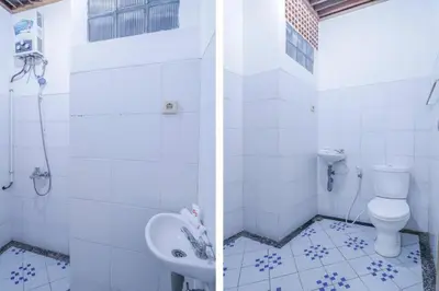 two pictures of a bathroom with a toilet and a sink at OYO 1755 De'balcon Accomodation Near Ngurah Rai Airport in Ngurah Rai International Airport