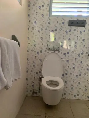 a bathroom with a toilet with blue and white wallpaper at Poppies Cottages on Two in Legian