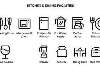 a set of line icons of different kitchen and dining facilities at Le Retreat Canggu, 3BR Luxury Villa, Bali's Best Location in Canggu