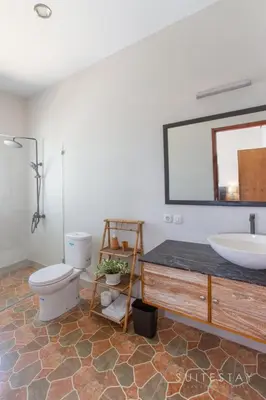 a bathroom with a sink and a toilet and a mirror at Two Bedroom Villa with Outdoor Pool in Umalas