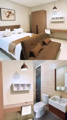 two pictures of a bedroom with a bed and a bathroom at Nawasena Suites in Sanur