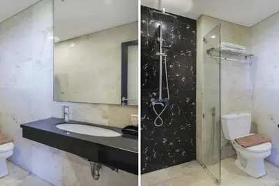 two pictures of a bathroom with a toilet and a shower at Townhouse Oak Denpasar at Mahendradatta in Denpasar