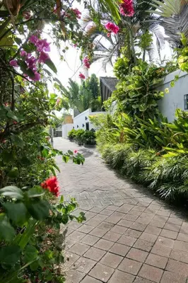 a brick walk way with flowers and plants at Family Villa with Private Pool in Central Seminyak in Seminyak