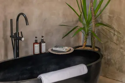 a bathroom with a bath tub with a plant at Artistic 4BD Villa with Private Pool & Jungle Vibes in Seminyak