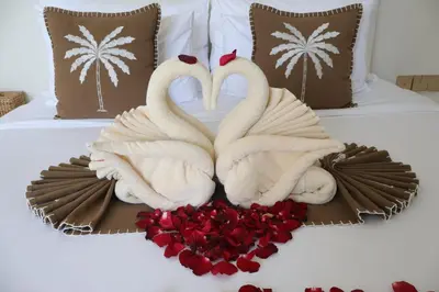 two swans making a heart on a bed at The Medusa Villas Bali in Seminyak