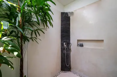 a shower in the corner of a room with plants at Villa Minha Gente Seminyak in Seminyak