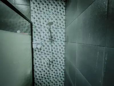 a shower in a bathroom with a tile wall at Pachira Living Legian in Legian