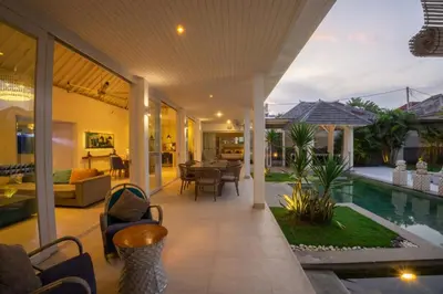 a patio of a home with a swimming pool at Bali Modern Escape With Private Pool, 8 guests in Kerobokan