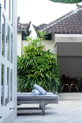 a bench in front of a house with a plant at VILLA BELLA - 7Min Beach Access - 10min to Canggu in Canggu
