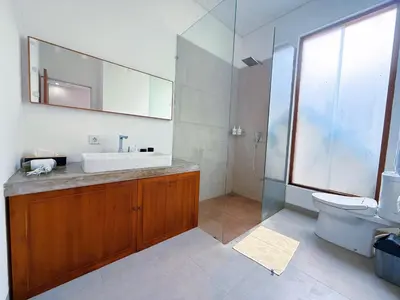 a bathroom with a sink and a toilet and a mirror at Villa Leyan 1 Semer - Between Seminyak & Canggu in Seminyak
