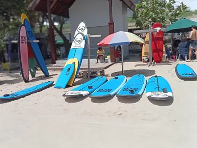 a group of surfboards are lined up on the beach at inadreadboy surfclass in Legian