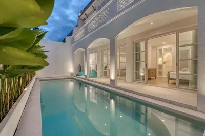 an image of a swimming pool in a house at Brand New 4BR Colonial Retreat in Berawa, Canggu in Canggu